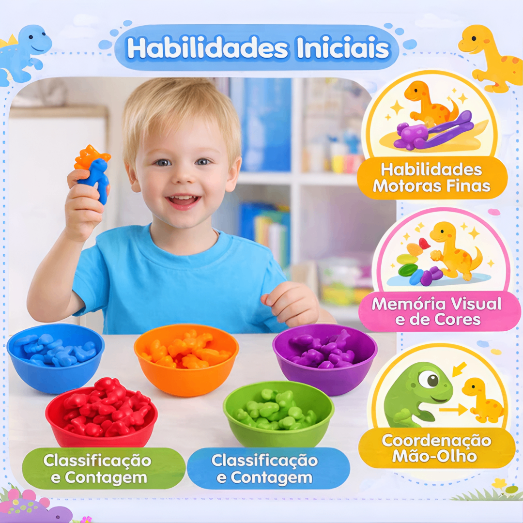 DinoSmart™ – Jogo Montessori de Classificação e Contagem com Dinossauros