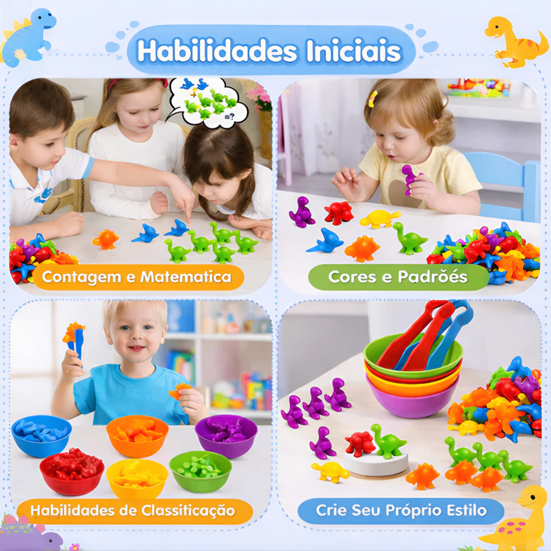 DinoSmart™ – Jogo Montessori de Classificação e Contagem com Dinossauros
